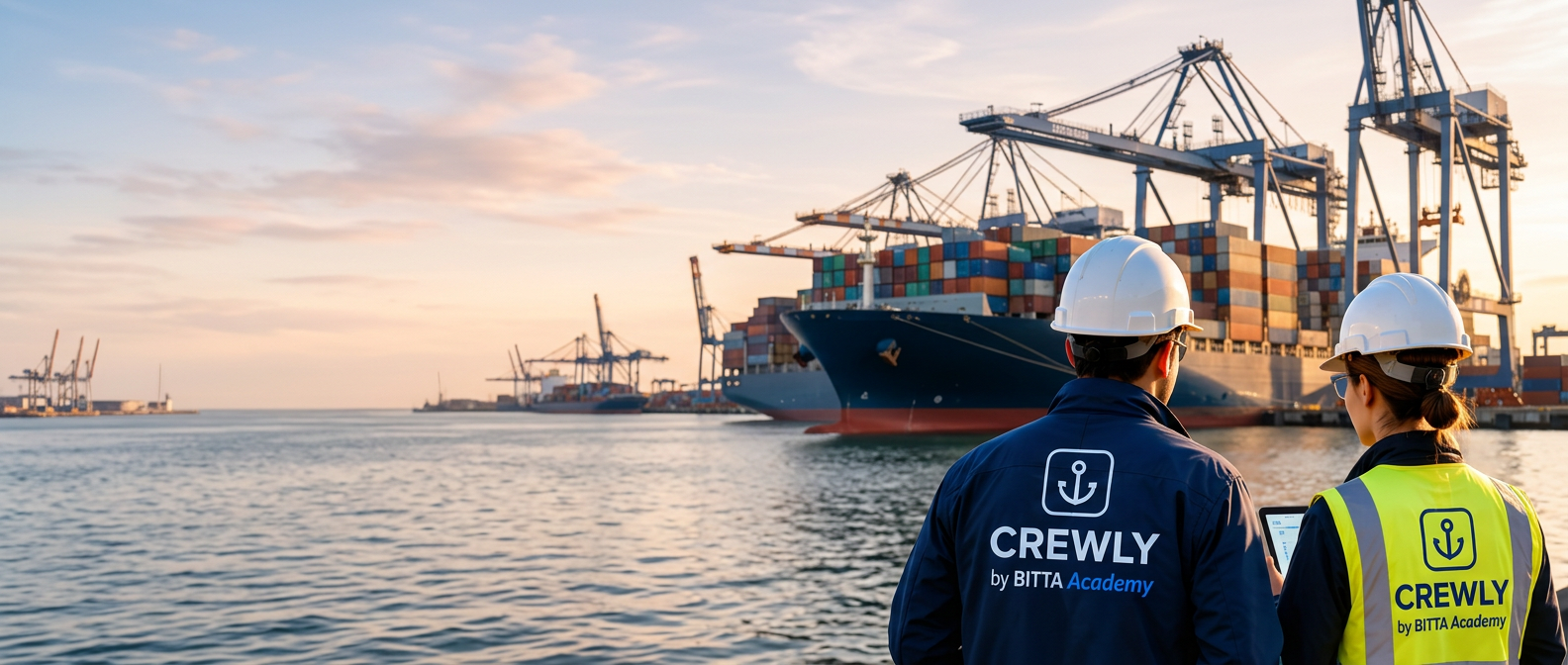 Equipo CREWLY frente a un buque y grúas portuarias